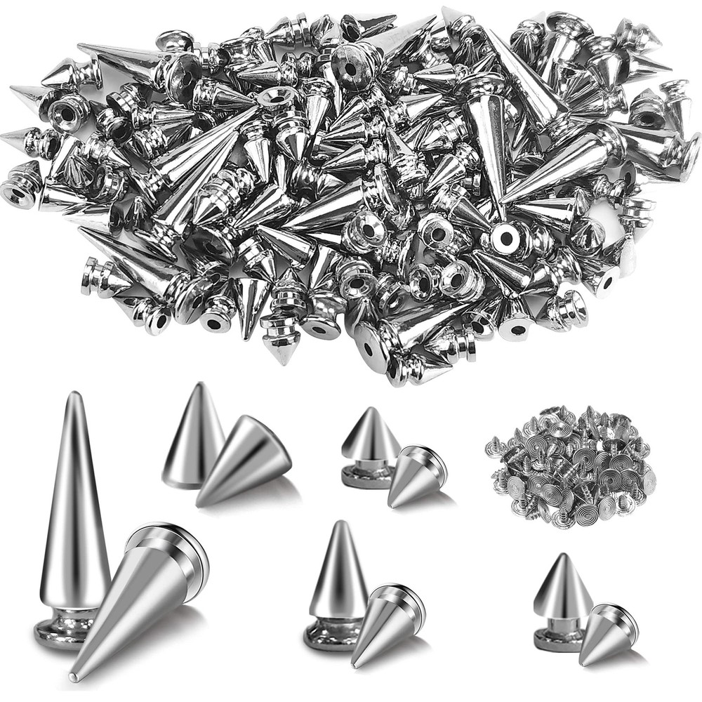 150 Sets ABS Plastic Punk Cone Spikes Studs Multiple Sizes Silver Screw Back Spi