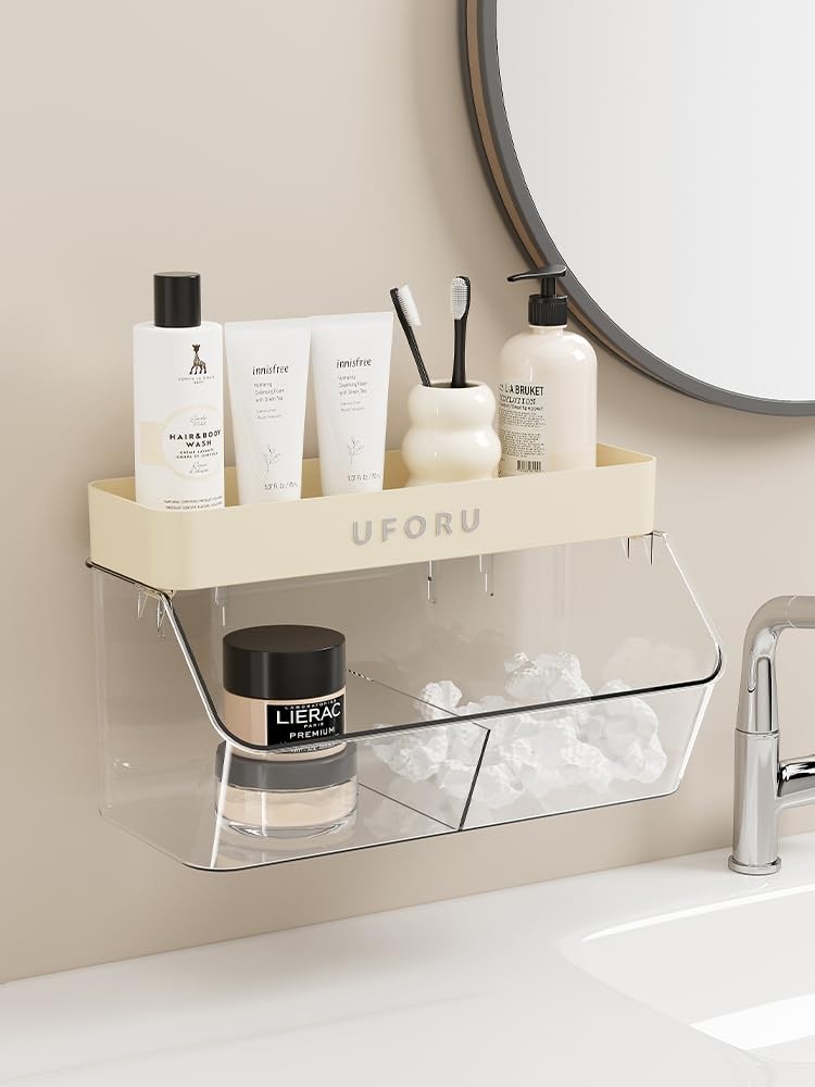 Multi-Functional Wall Mounted Organiser, Stick-On Transparent Shelf, No Drill...