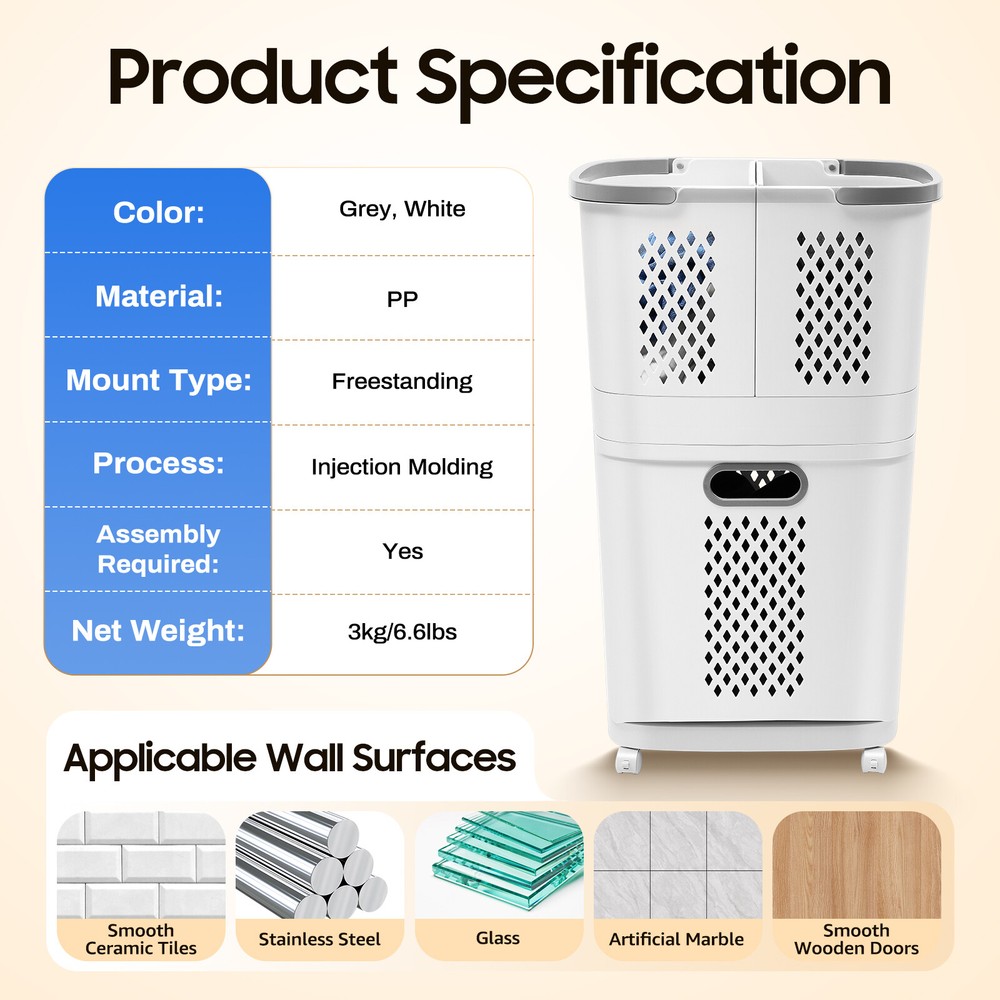 Laundry Basket Movable Hand-Held Bathroom Clothes Storage Basket with Wheels