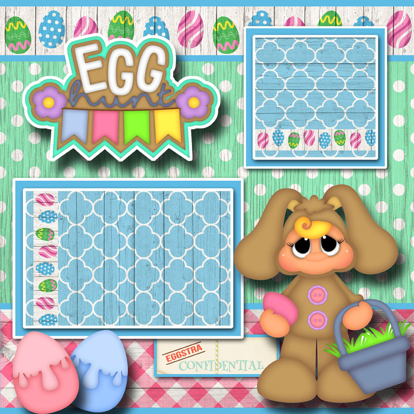 EASTER EGG HUNT ~ 2 premade scrapbooking pages paper piecing layout ~BY CHERRY