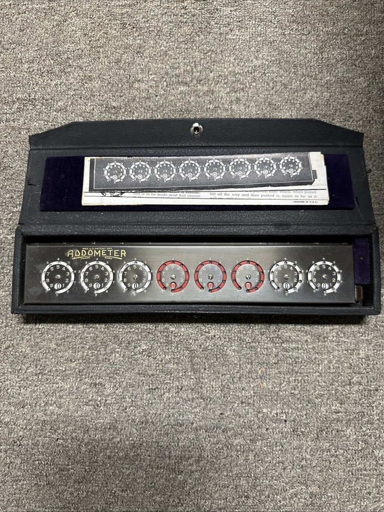 Vintage ADDOMETER Adding Machine w/Case , Stylus and Papers