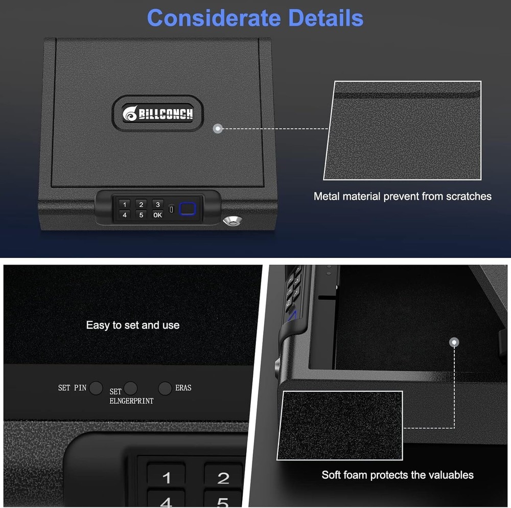 Enhanced Security Biometric Pistol Safe – Key & PIN Unlock with USB Charging