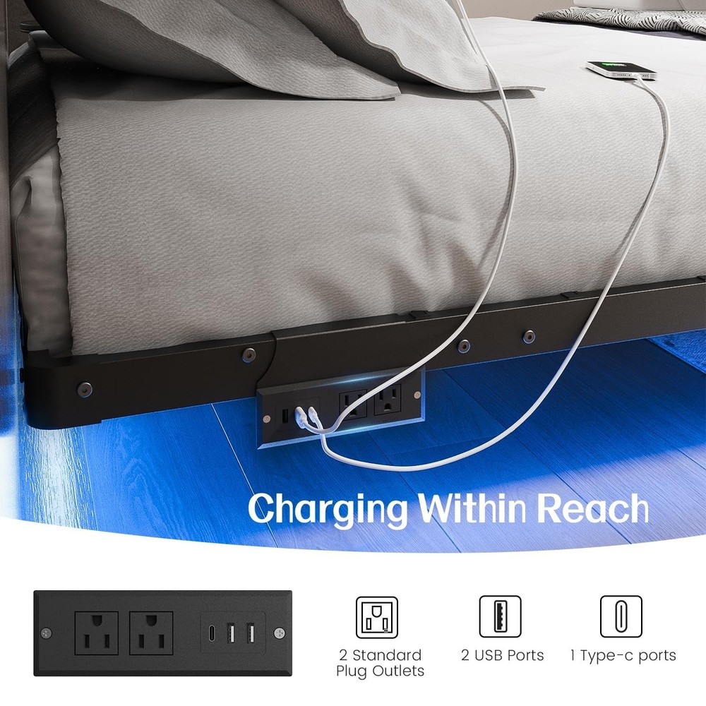 Full Size Modern Floating Bed Frame with Smart LED Lights, USB Charging Stati...