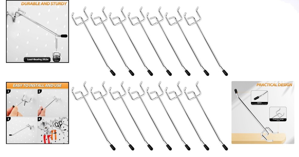 50 Sturdy L Shape Pegboard Hooks - Galvanized Metal Organizer Kit