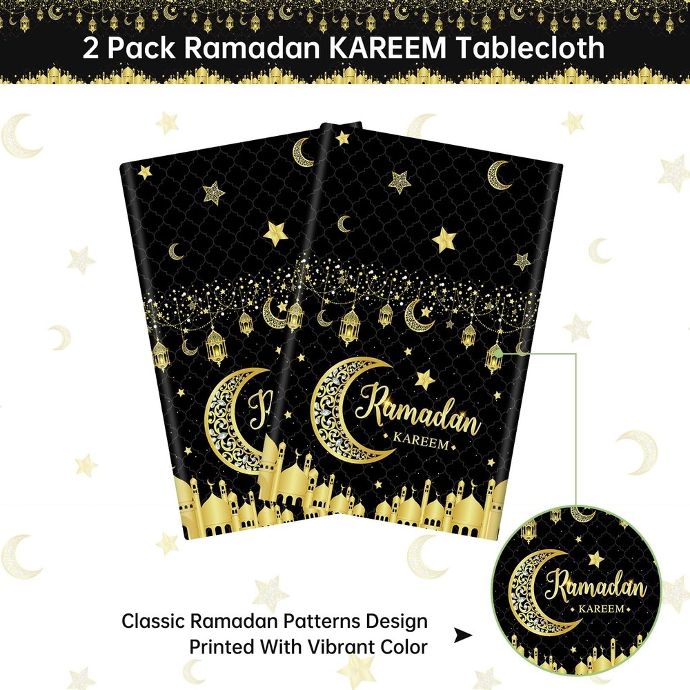 2 Pcs Ramadan Tablecloth - Plastic Black Gold Kareem Table