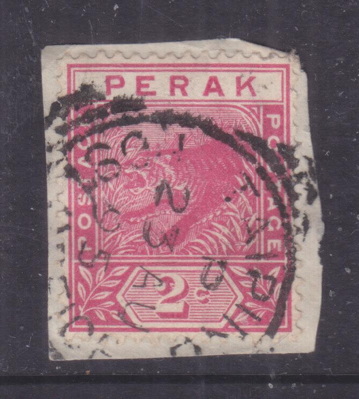 PERAK, 1892 Tiger 2c. Rose used on small piece.