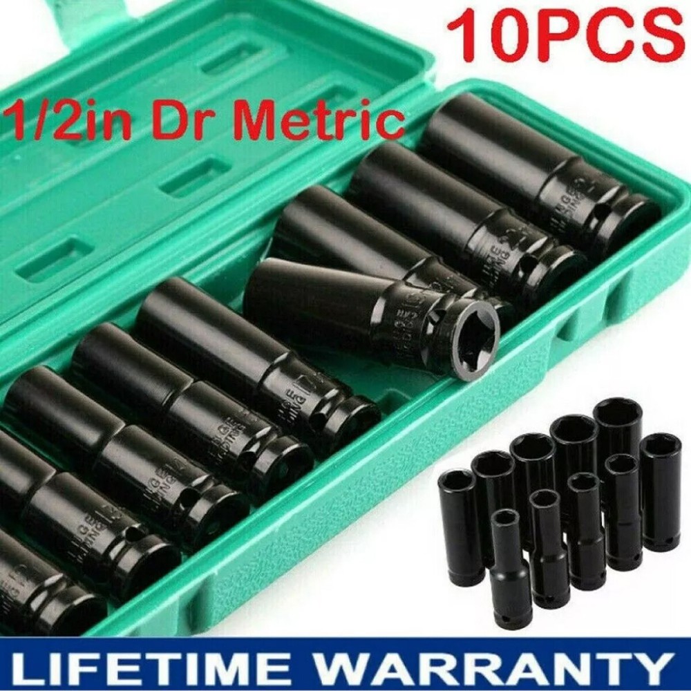 10 pc 1/2" inch Deep Impact Socket Tool Set 10-24mm Metric Garage Workshop