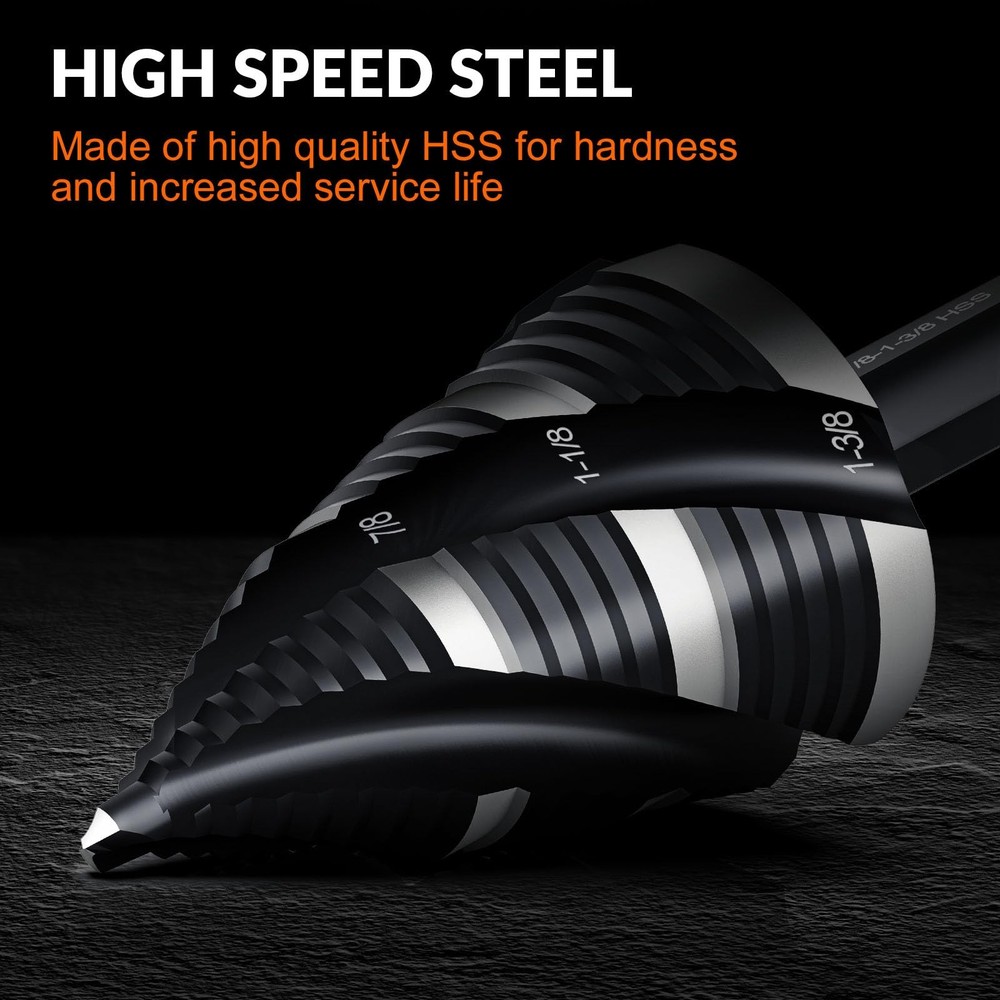 THINKWORK Four Spiral Flute Step Drill Bit, HSS 3/16-1-3/8"