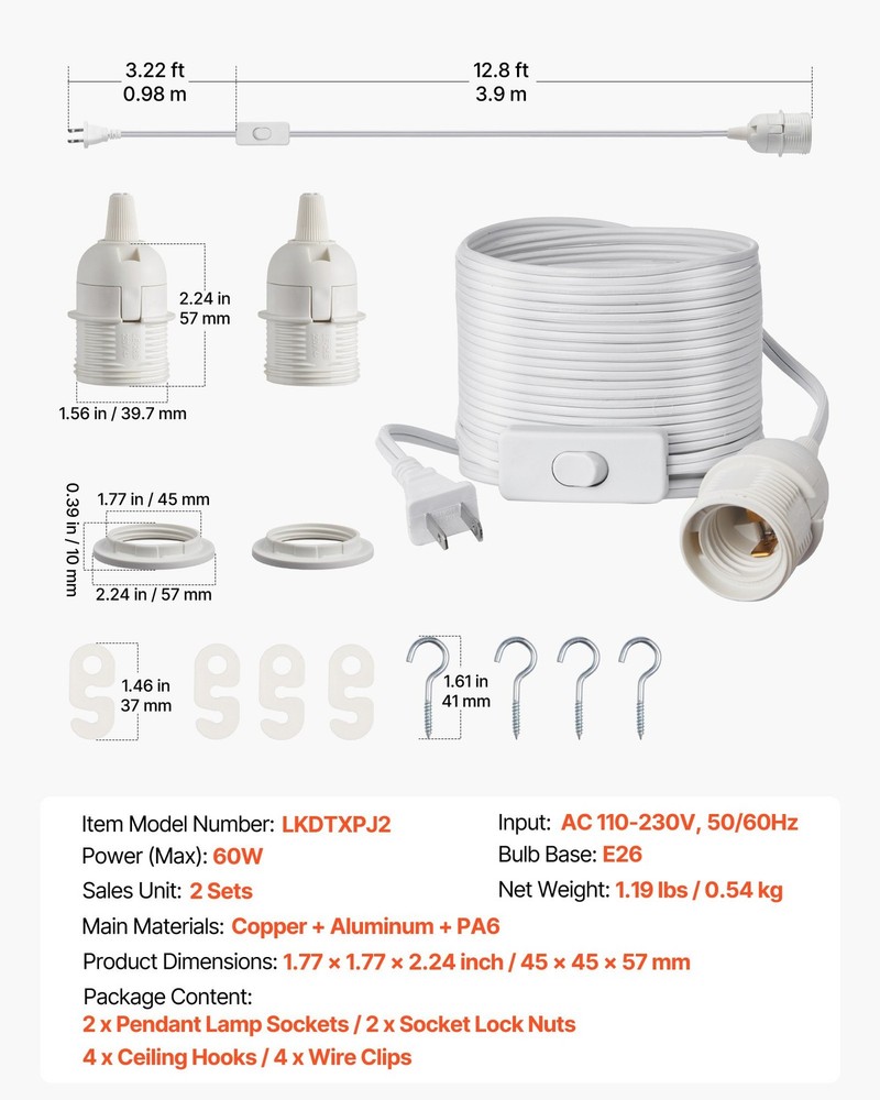 Plug in Hanging Light Cord Kit 16ft Lantern Extension Cords 2 Pack E26 Lig