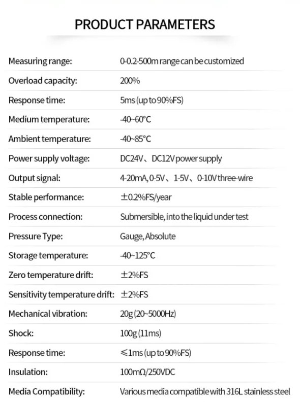 Hydrostatic Submersible Water Level Sensor Transmitter 4-20mA RS485 0-10M