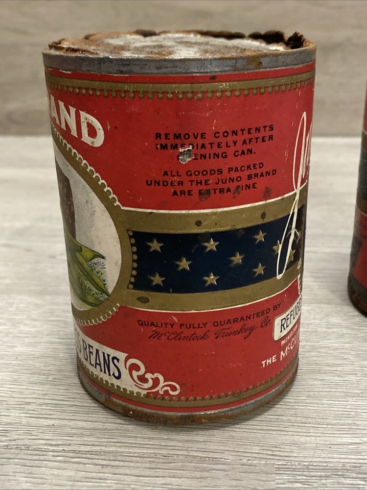 (2) Juno Brand Refugee Stringless Beans Advertising Cans Grocery