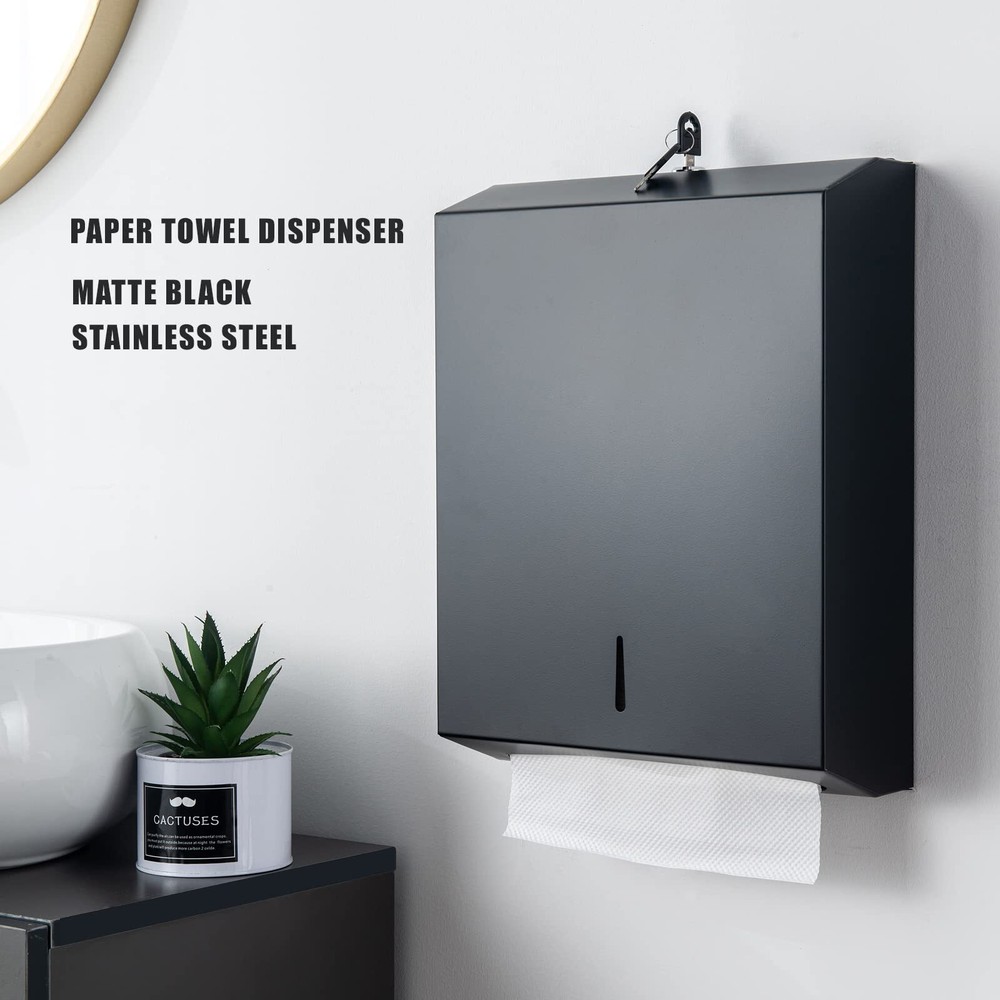 Matte Black Paper Towel Dispenser Wall-Mount Touchless C-Fold Lockable