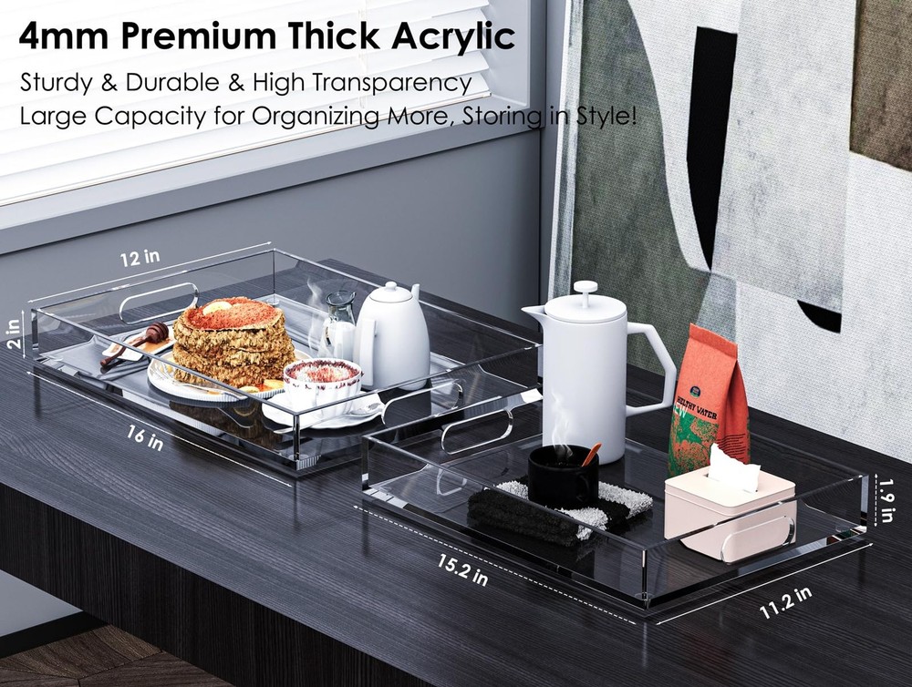 Collwait 2-Pack Clear Acrylic Serving Trays with Handles - 16" & 15.2"
