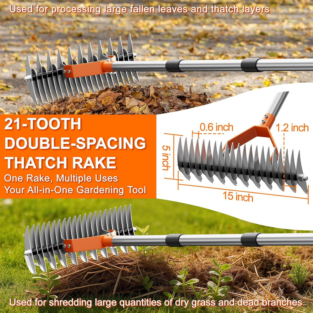Adjustable 68" Thatch Rake with Dual-Action Tines for Lawn Dethatching