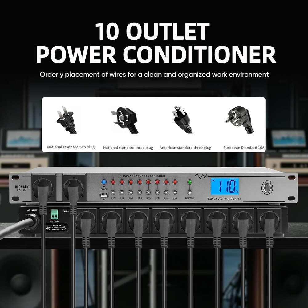 Versatile 20A Power Conditioner with 10 Outlets & Bypass Mode for Audio Systems