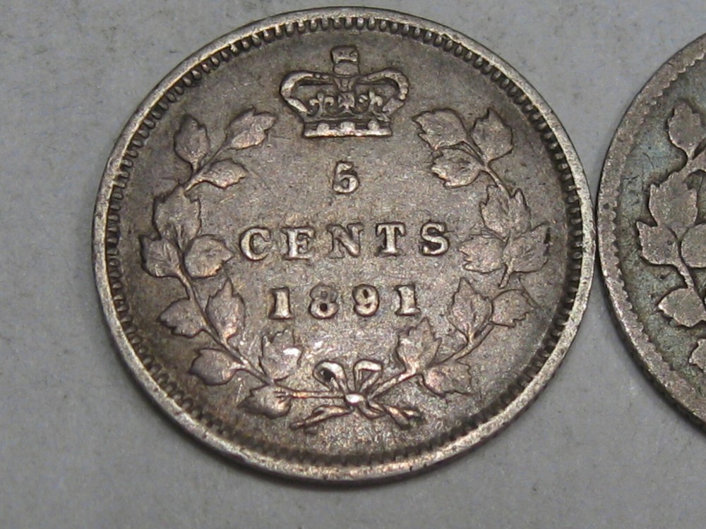 2 Silver 5¢ Cent CANADA - 1891 & 1881-H. #50