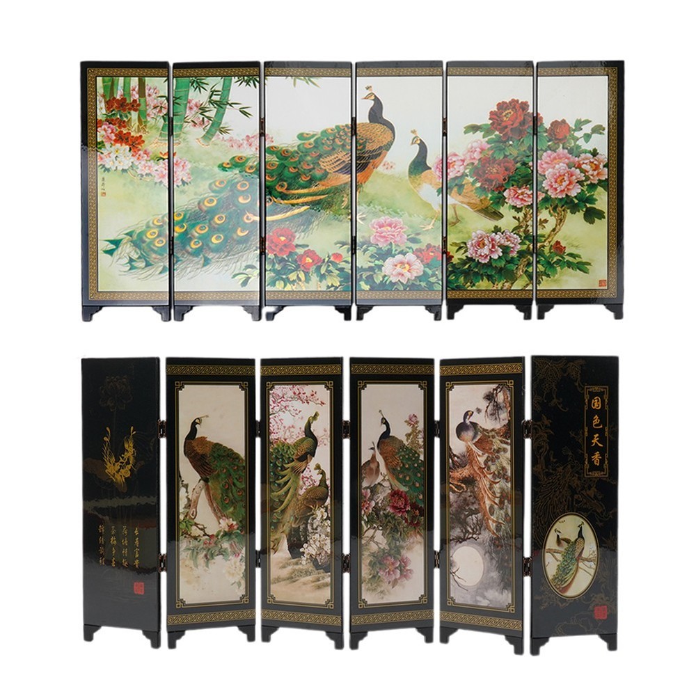 Suitable Screen Peacock Wood 6-Panel Divider Folding Ornament Partition