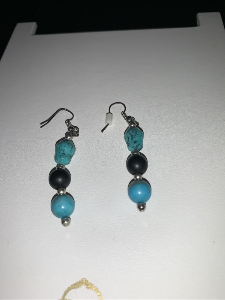 turquoise Dangle Earrings With Black Stone Between Two Turquoise Stones