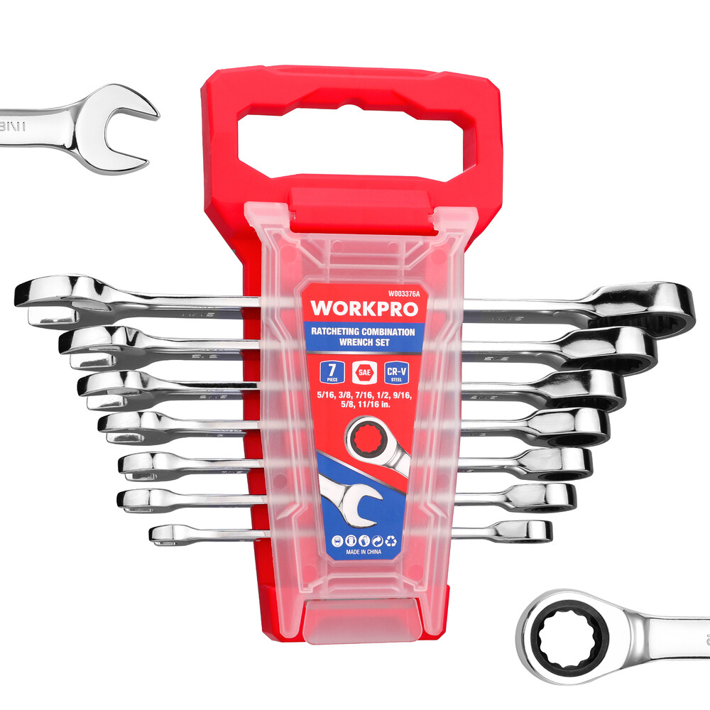 WORKPRO Ratcheting Combination Wrench Set 7PC SAE 5/16"-18/16'' W/Organizer Rack