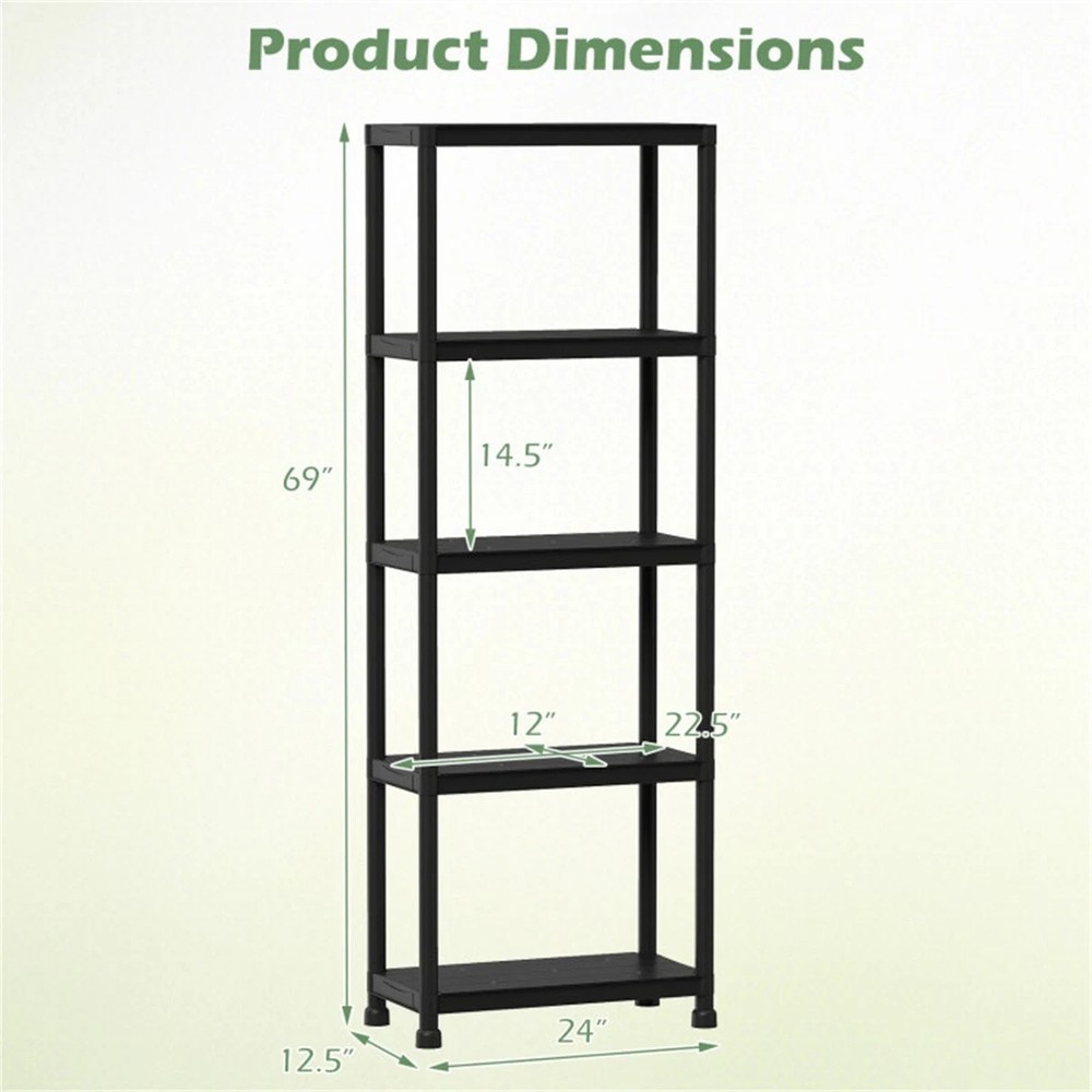Black 5-Tier Garage Storage Shelf, PP Material 100LBS Per Shelf Tool-Free Assemb