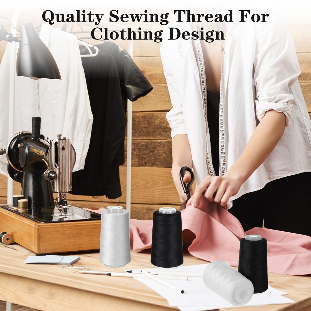 8 PCS Black White Sewing Thread 40S/2 3000 Yard Spool Serger Polyester Cone