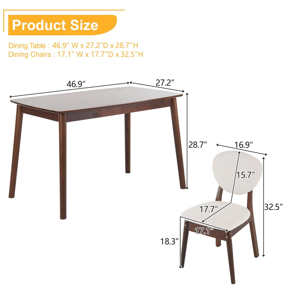 5pc Solid Wood Dining Set Deep Walnut Table & 4 Beige Padded Chairs Space-Saving