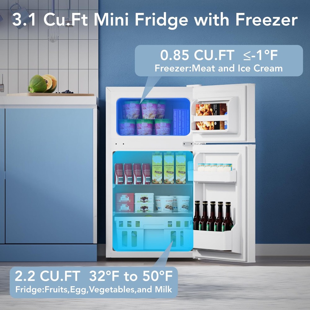 Mini Fridge with Freezer, 3.2 Cu.Ft Compact Refrigerator with 2 Doors, Small ...