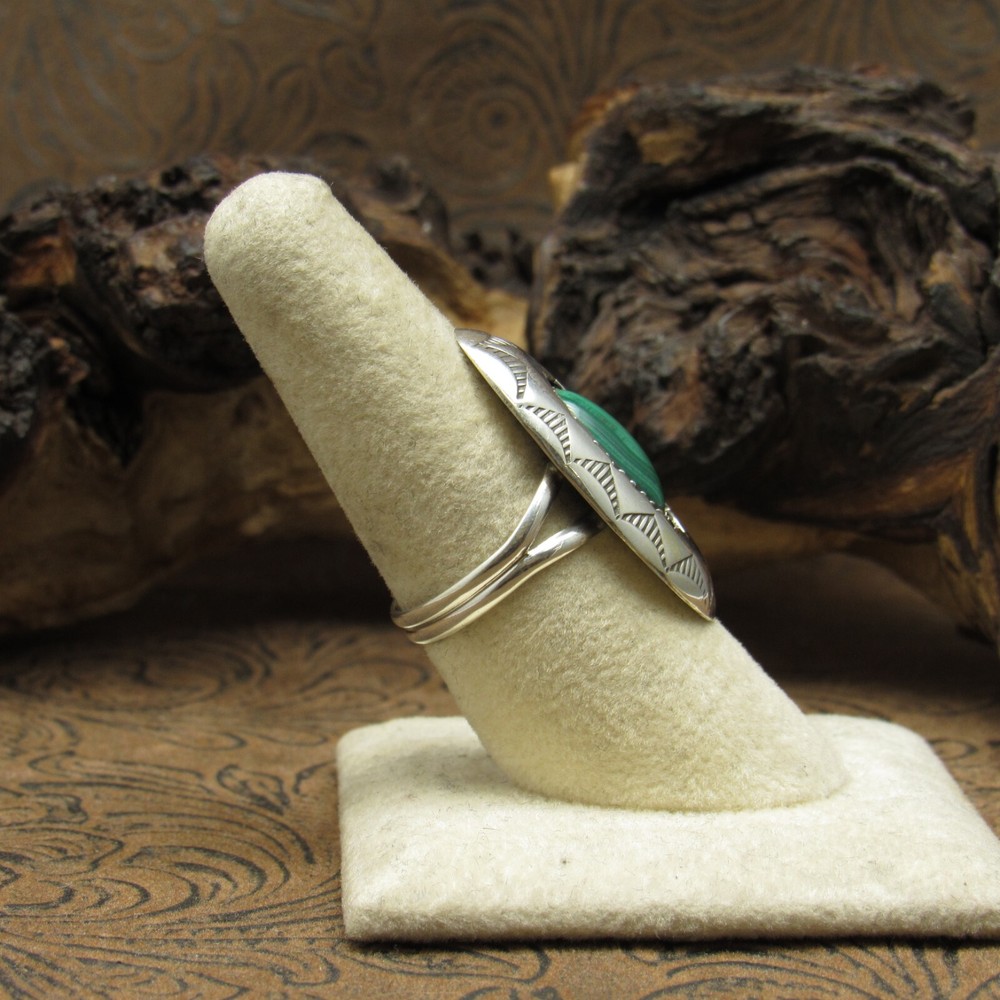 Sterling Silver Malachite Shadowbox Ring Size 8.5+