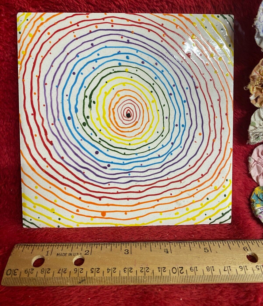 Handmade Ceramic Tile Trivet with Abstract Rainbow Line Dot Echo Design