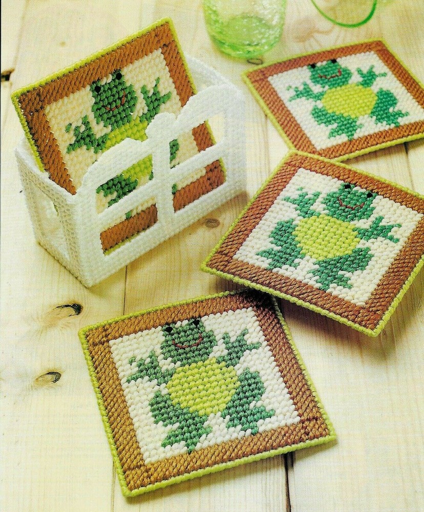 HAPPY FROGS COASTERS & HOLDER HOME DECOR PLASTIC CANVAS PATTERN INSTRUCTIONS