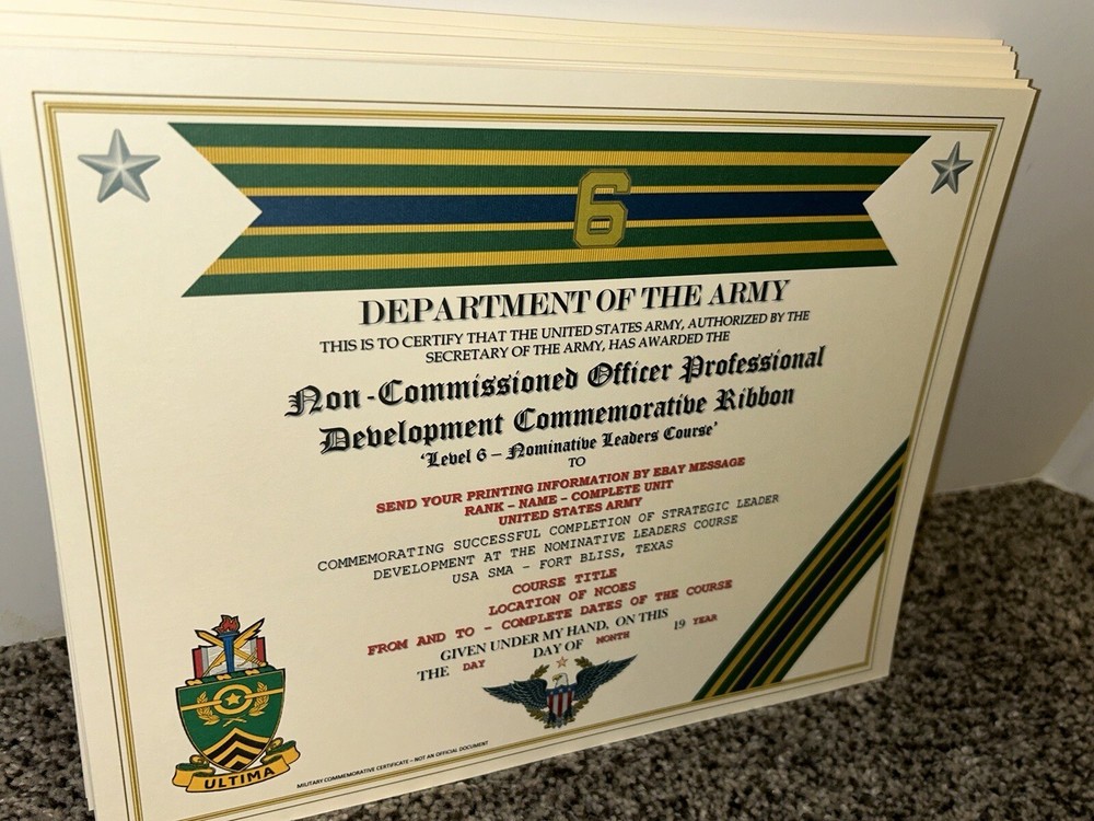 NCO PROFESSIONAL DEVELOPMENT LV-6 COMMEMORATIVE CERTIFICATE ~ W/PRINTING TYPE-1