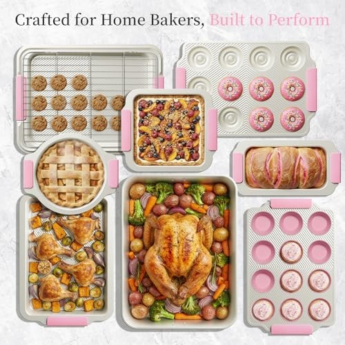 25 PCS Stackable Baking Pans Set, Non-stick Bakeware Sets with Silicone Pink