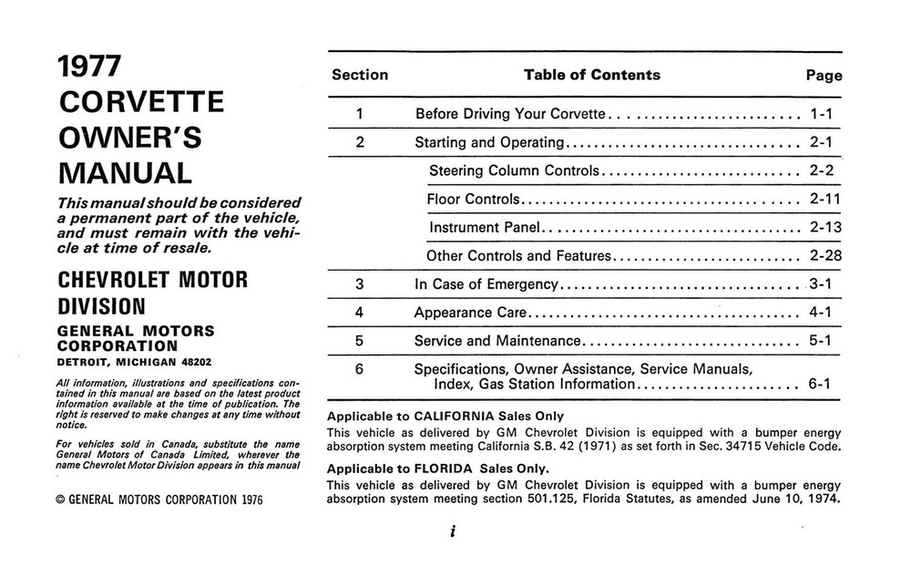 1977 Chevrolet Corvette Owner's Manual