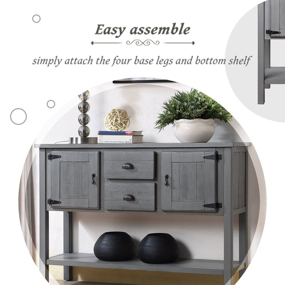 Solid wood side table with 2 drawers, cabinet, bottom shelf, and two doors