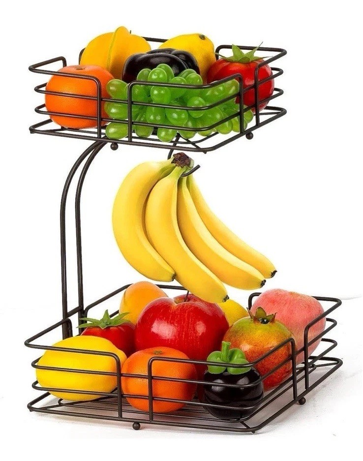2-Tier Fruit Basket with Banana Hanger - Kitchen Countertop Organizer Square