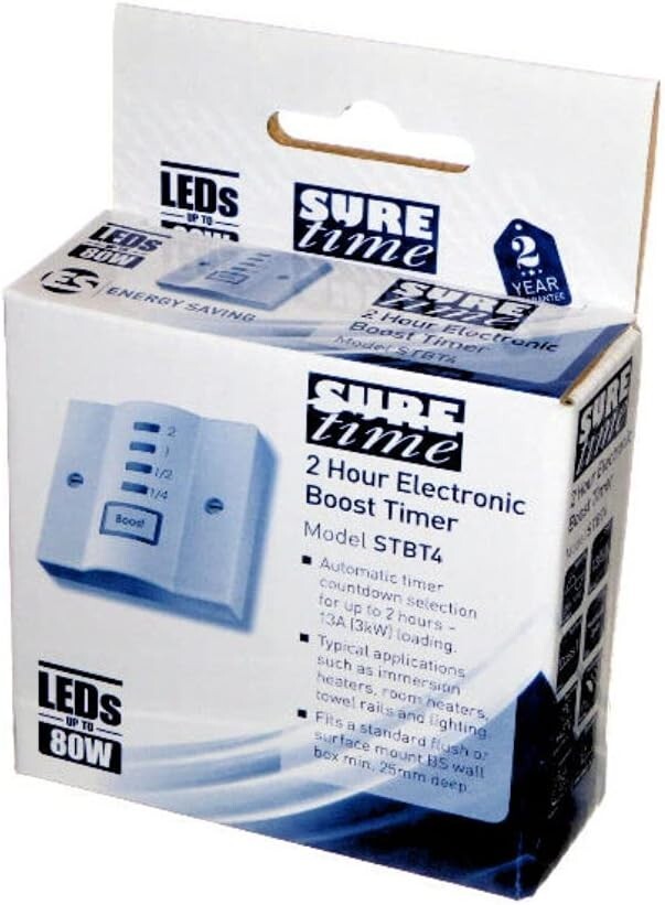 Electronic Boost Timer 2 Hour for Heating or Lighting - Timeguard SureTime STBT4