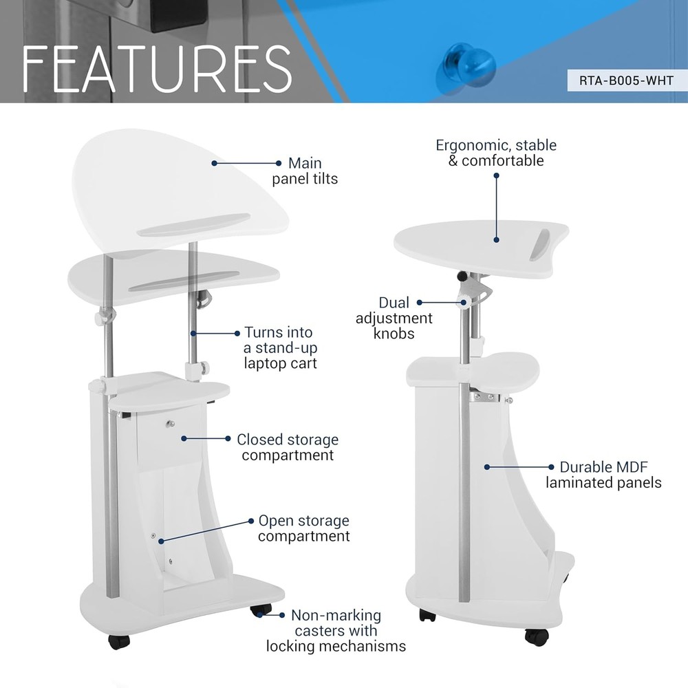 Techni Mobili Adjustable Height Rolling Laptop Cart with Storage, Sit White