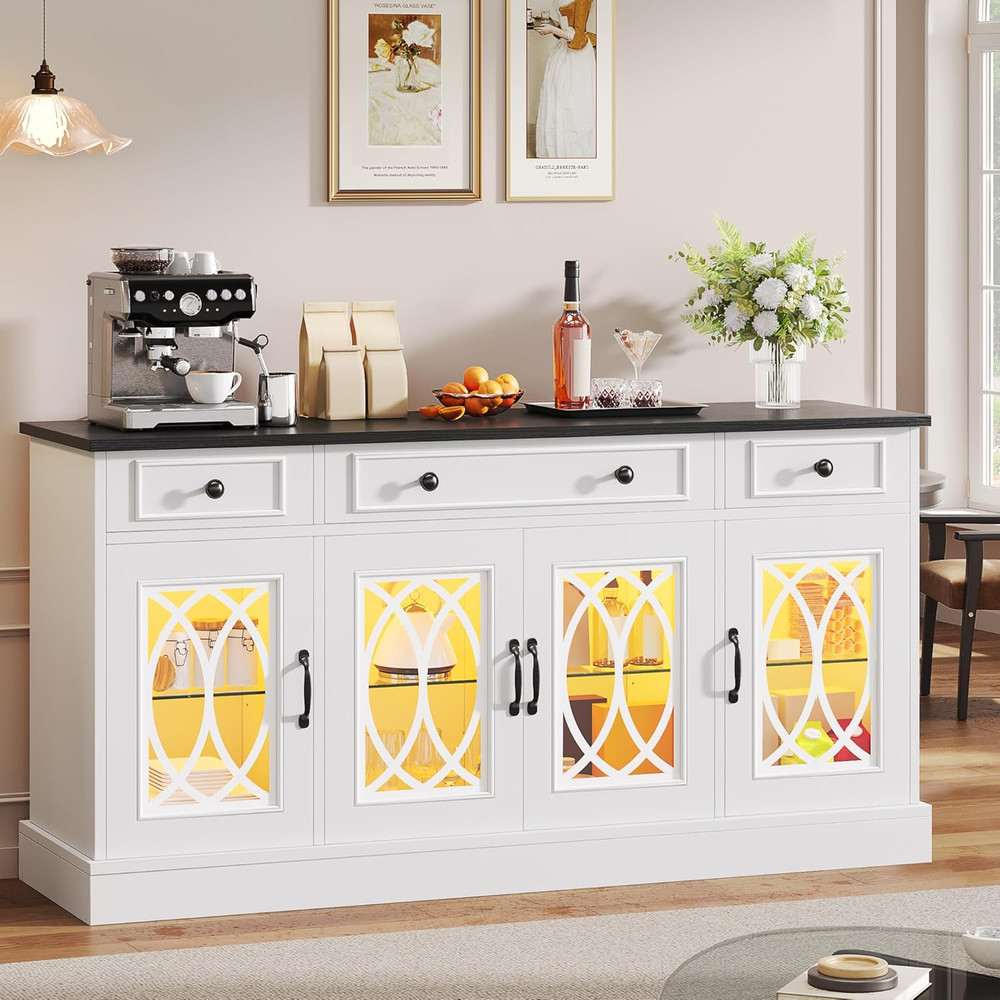 65" White Sideboard Buffet Cabinet with Glass Doors & Drawers
