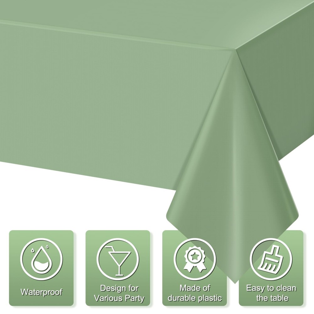 3Pack Sage Green Plastic Tablecloths for Rectangle Tables, Light Green Dispos...