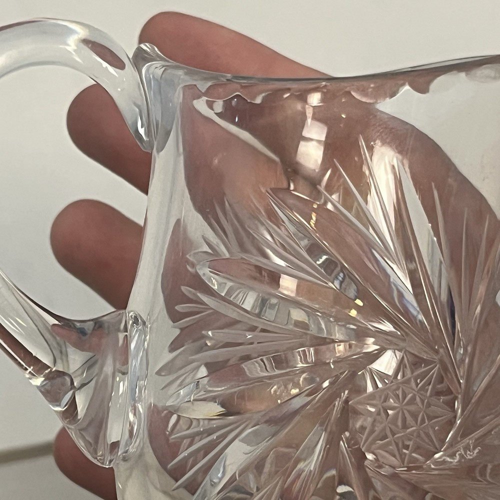 Small Unbranded Cut Crystal Creamer Pitcher Pinwheel Star Pattern Chip On Handle
