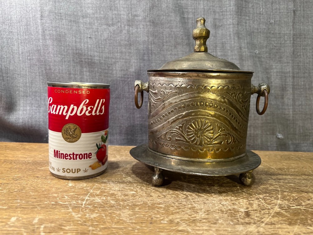 Antique Turkish Tea Coffee Container Caddy Footed Lidded Embossed Metalware