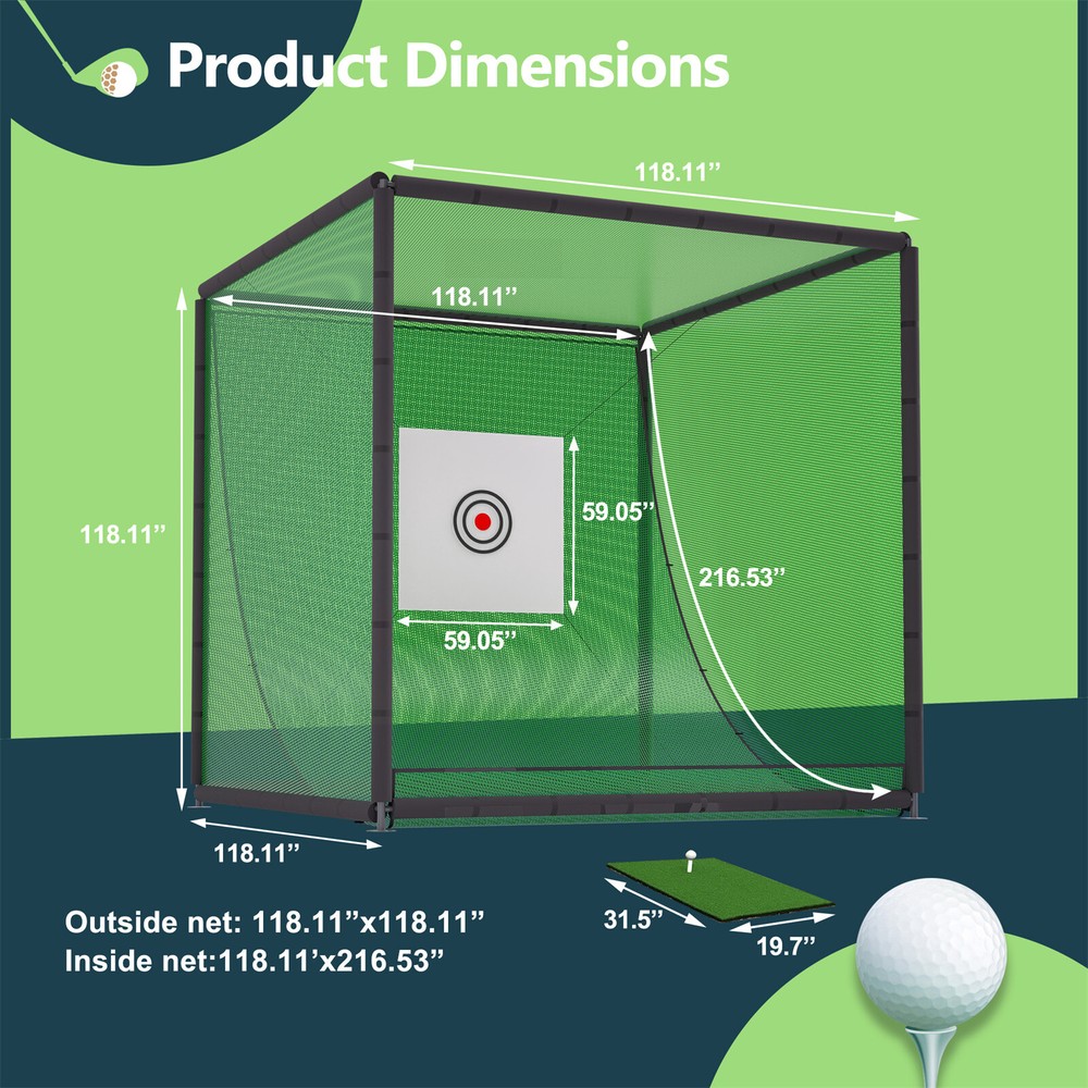 10FTX10FT Golf Practice Net Cage Metal Frame Hitting Net Kit Training Simulators