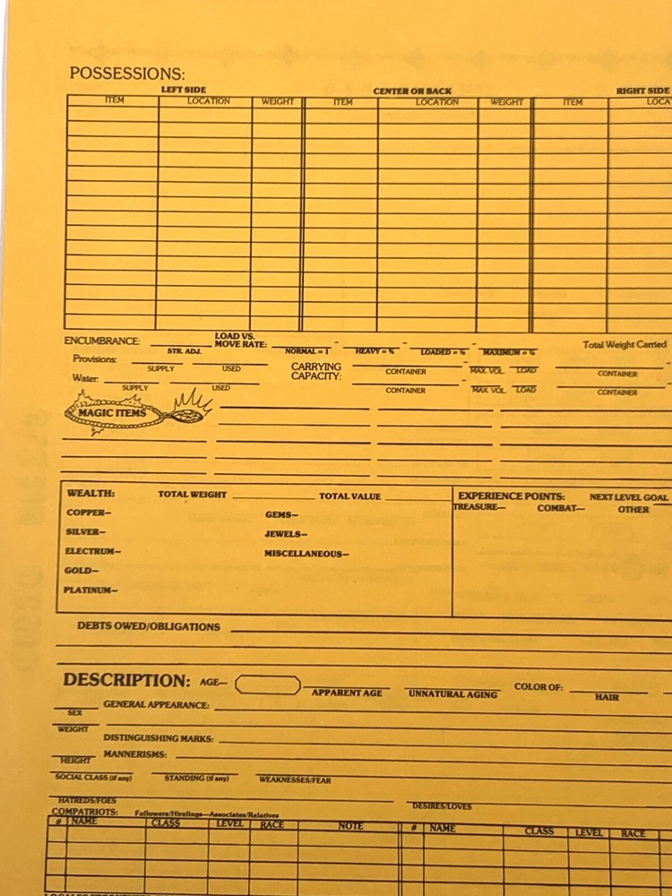 CLASSIC! AD&D Player Character Record Sheet (DRUID, CLERIC) UNUSED E1