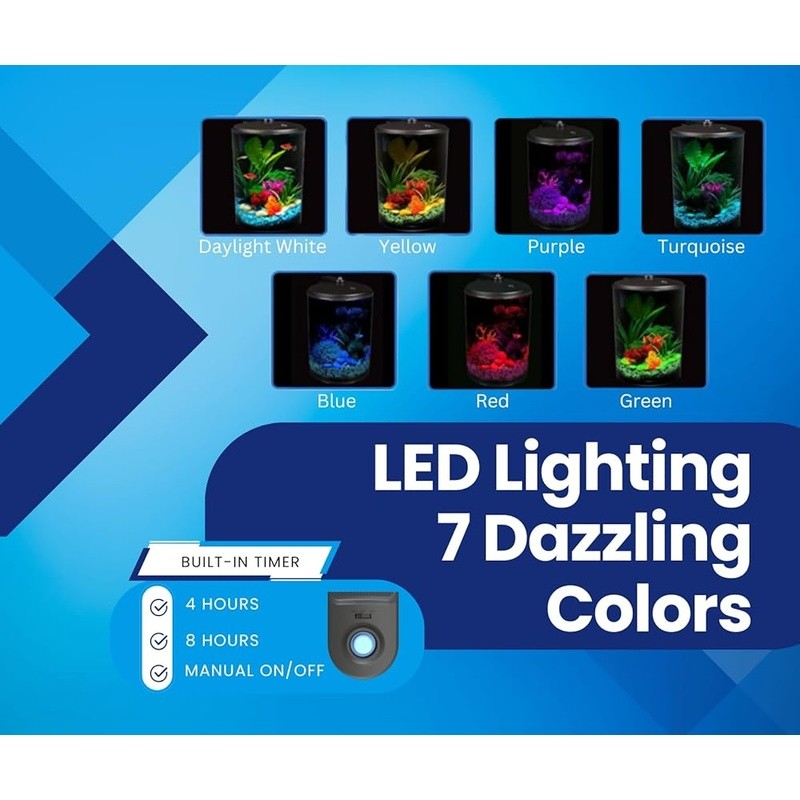 Aquarium Kit 6 Gallon Impact Resistant Cylinder LED Light Timer Fun Experience