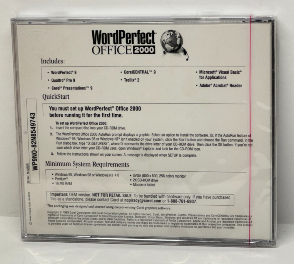 Corel WordPerfect Office 2000 CD-ROM New Sealed