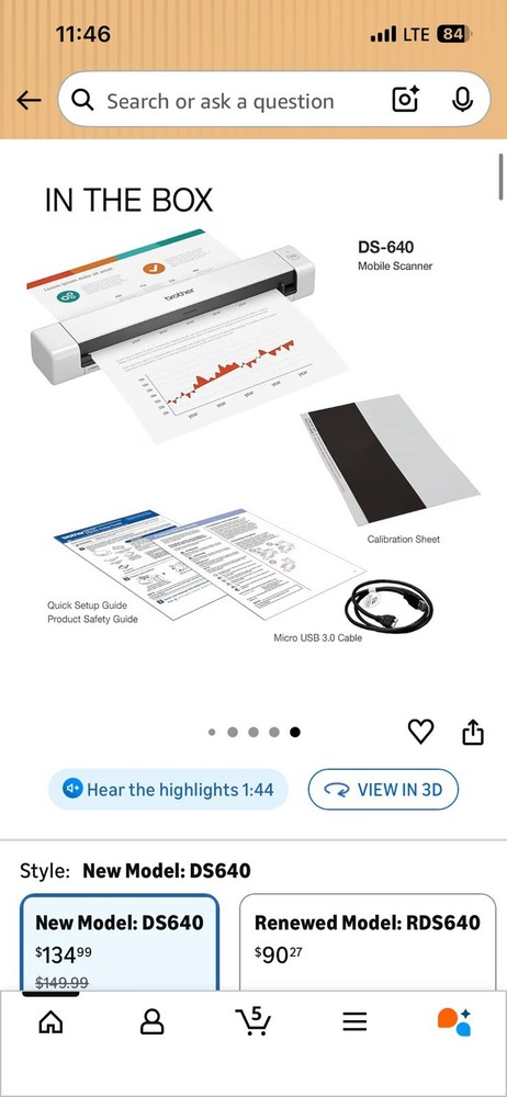 Brother DS-640 Compact Mobile Document Scanner - White