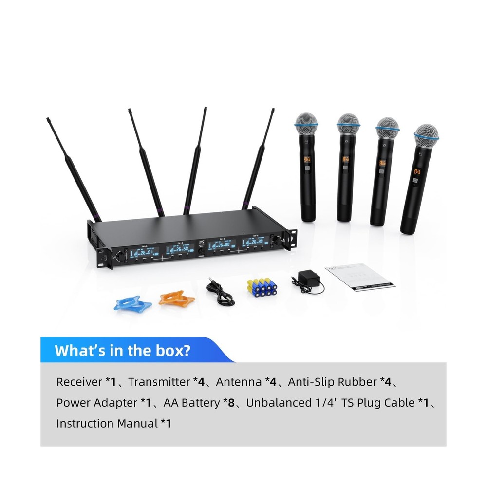 4-Channel Wireless Microphone System, 4 Handheld Dynamic Mic, 200 UHF Frequen...