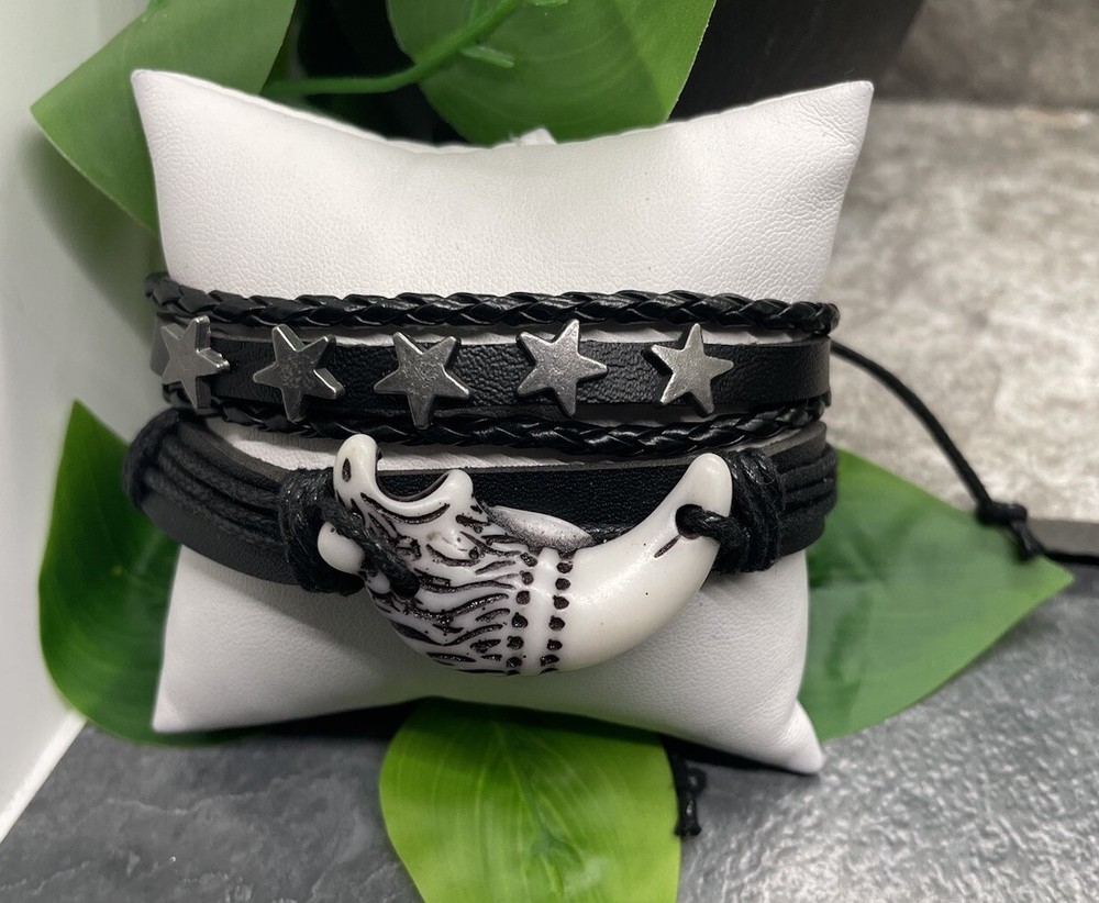 2 PC Leather Bracelet  Stackable Adjustable Tie Free Ship Star  B3287