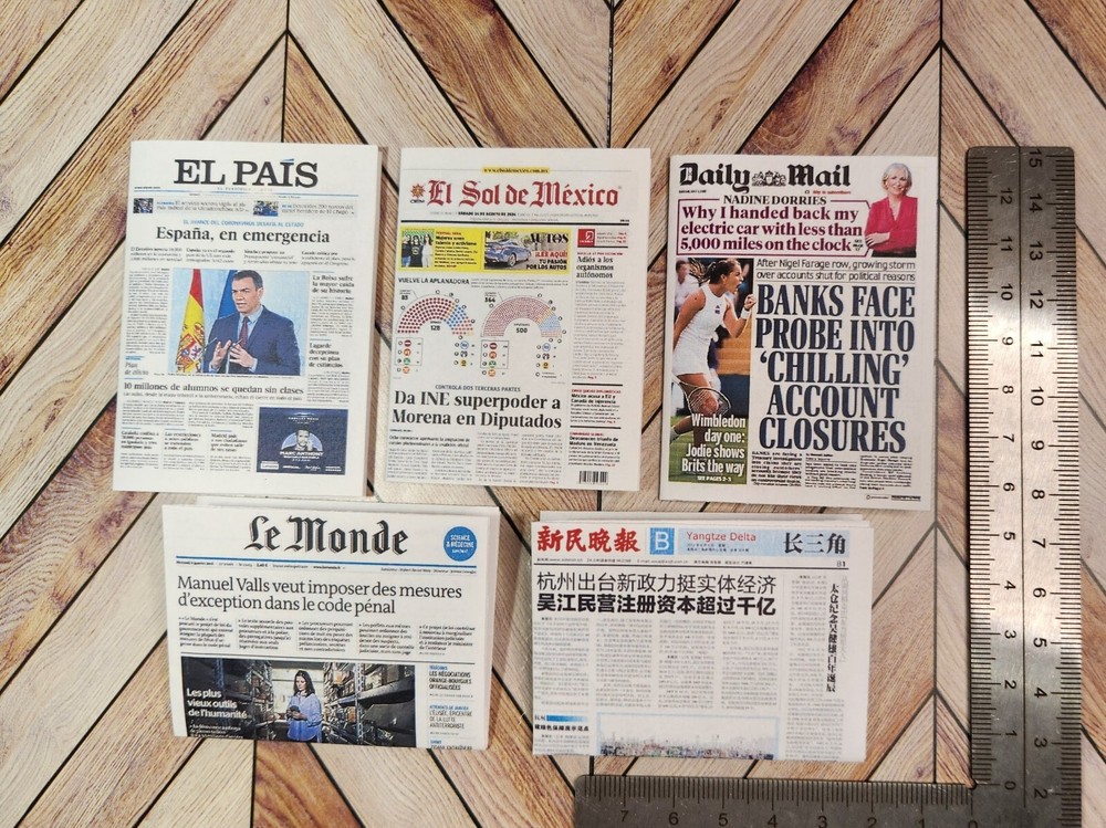 1/6 SCALE Miniature International Newspapers FIVE (5)