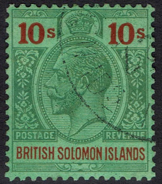 BRITISH SOLOMON ISLANDS 1922 KGV 10/- WMK MULTI SCRIPT CA USED